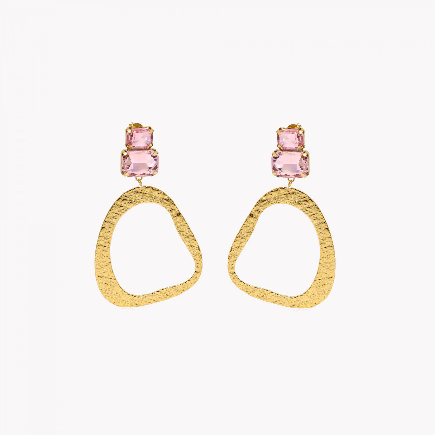 Brinco Oval com Textura e Pedra Rosa | Aço Inoxidável