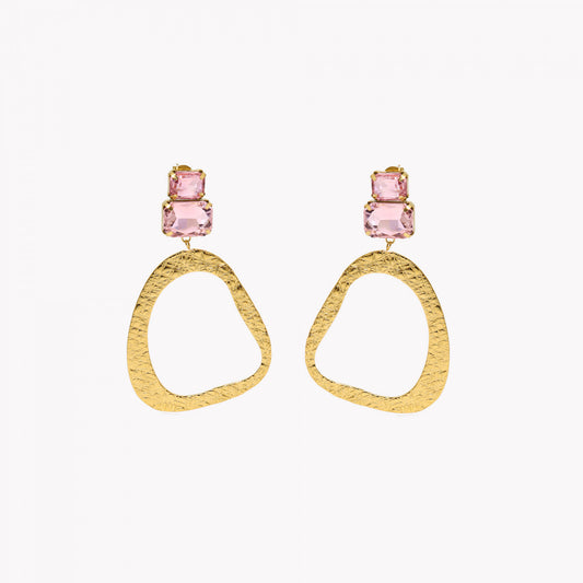 Brinco Oval com Textura e Pedra Rosa | Aço Inoxidável